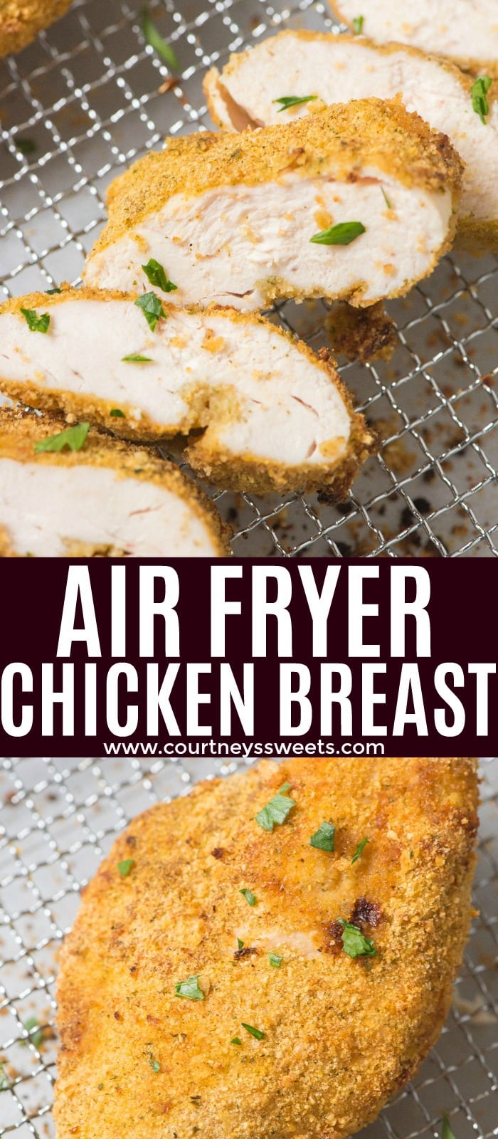 Air Fryer Chicken Breast made better! This air fryer cornflake chicken breast recipe makes for a moist and delicious chicken breast in the air fryer, not overcooked and dry!