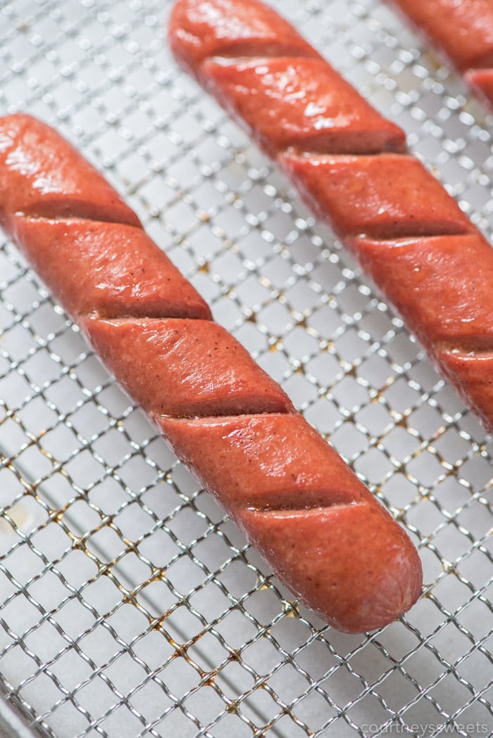 air fried hot dogs on air fryer tray