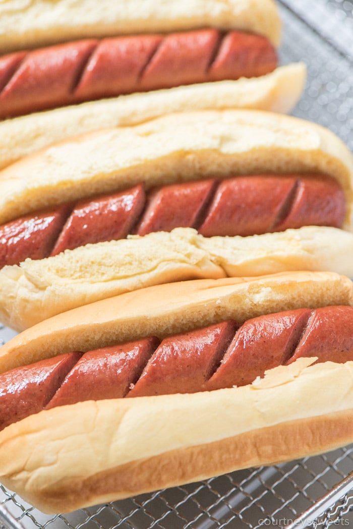 air fryer hot dogs on an air fryer rack