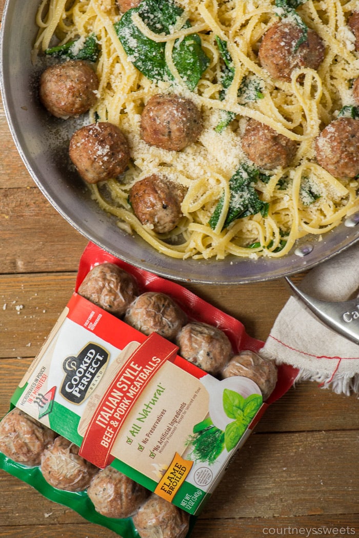 pasta with olive oil and garlic with meatballs and spinach