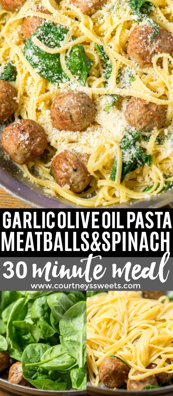 Garlic Olive Oil Pasta with Meatballs and Spinach is a delicious pasta recipe without red sauce. Serve up this filling and satisfying meal in less than 30 minutes!