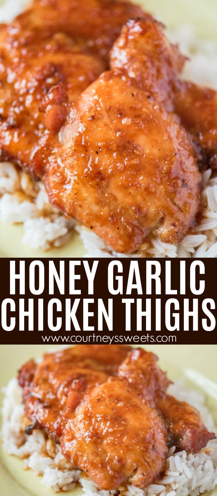 These Honey Garlic Chicken Thighs cook up right in the oven in just 35 minutes. The honey garlic sauce is good enough to eat with a spoon!