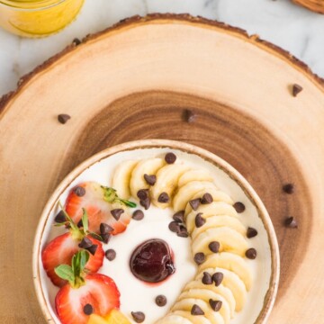 banana split yogurt bowl overhead