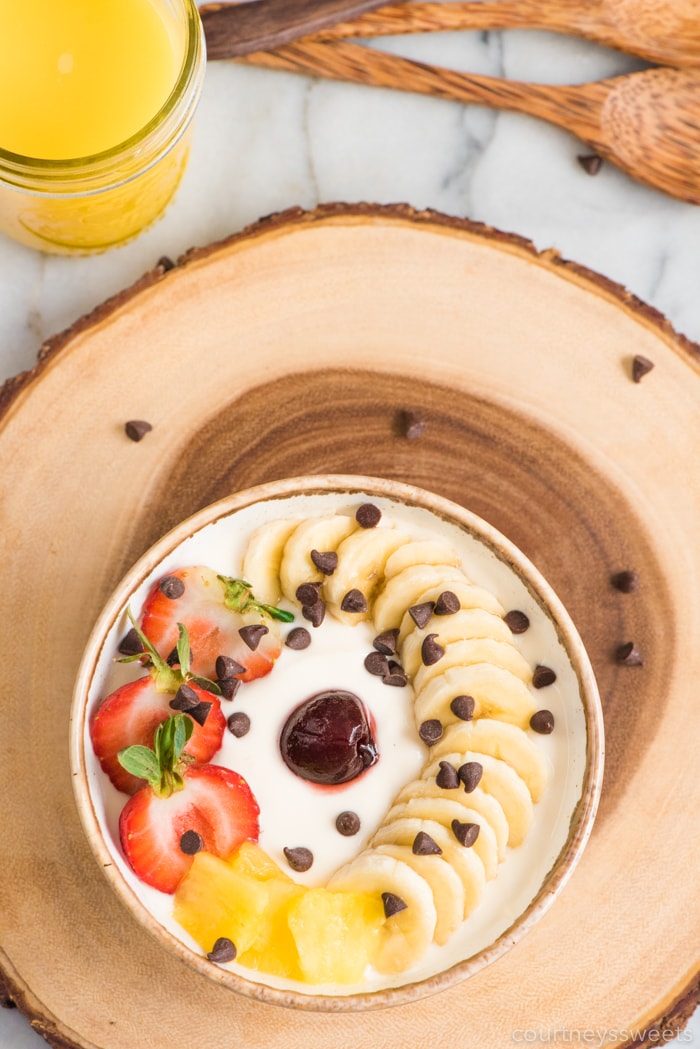 banana split yogurt bowl overhead
