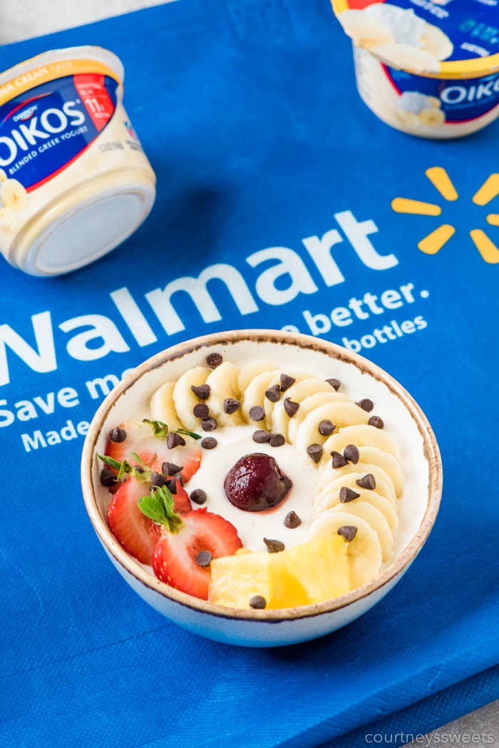 banana split yogurt breakfast bowl on a walmart reusable shopping bag