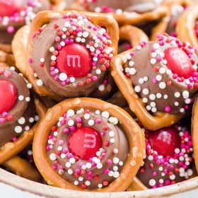 bowl of rolo pretzel bites for valentine's day