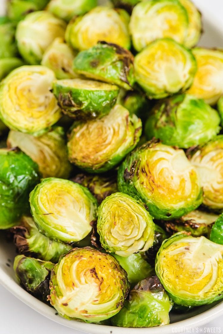 air fryer roasted brussels sprouts in a dish