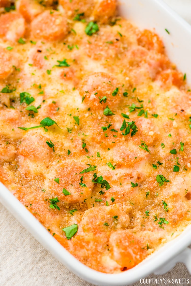 baked bread crumb topping on carrot casserole