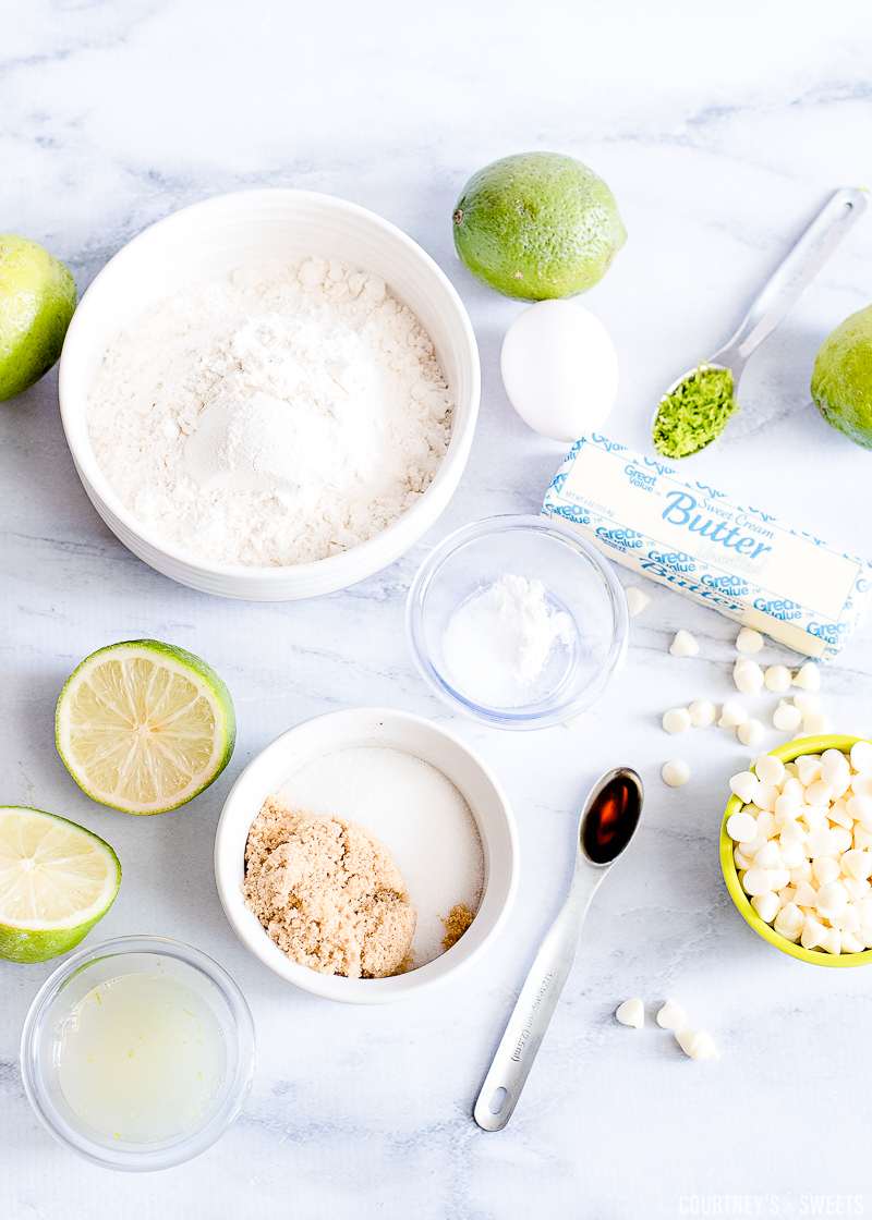 ingredients for key lime cookies on a marble board