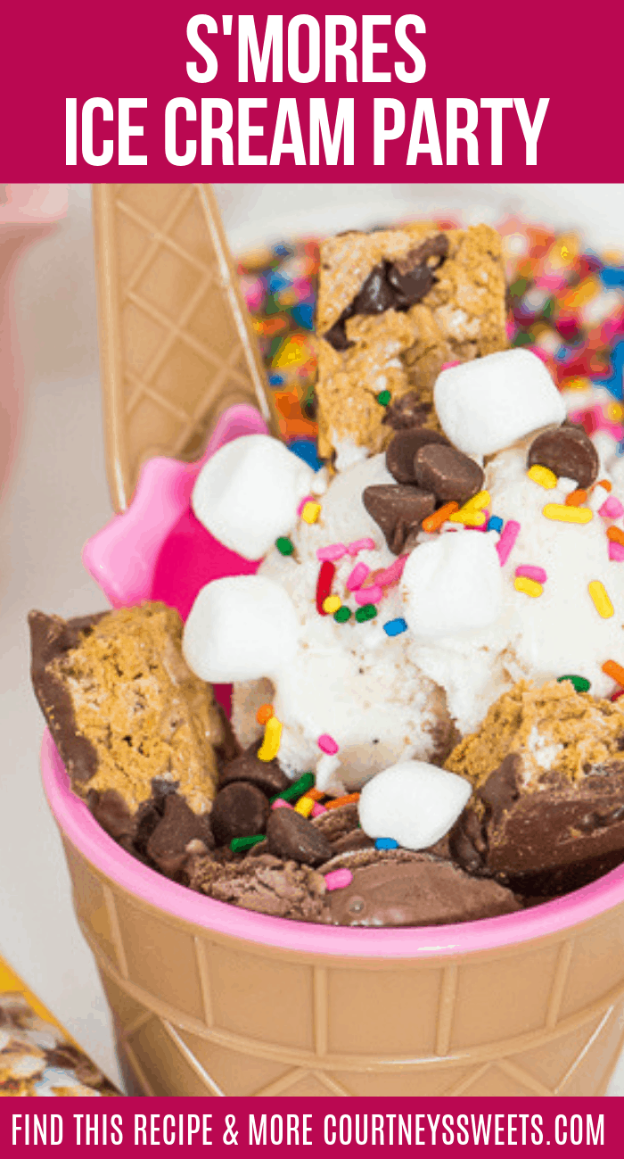 throw a smores ice cream sundae party! summer party fun idea featuring Golden Grahams™ Treat Bars, chocolate chips, marshmallows, sprinkles, and chocolate syrup!