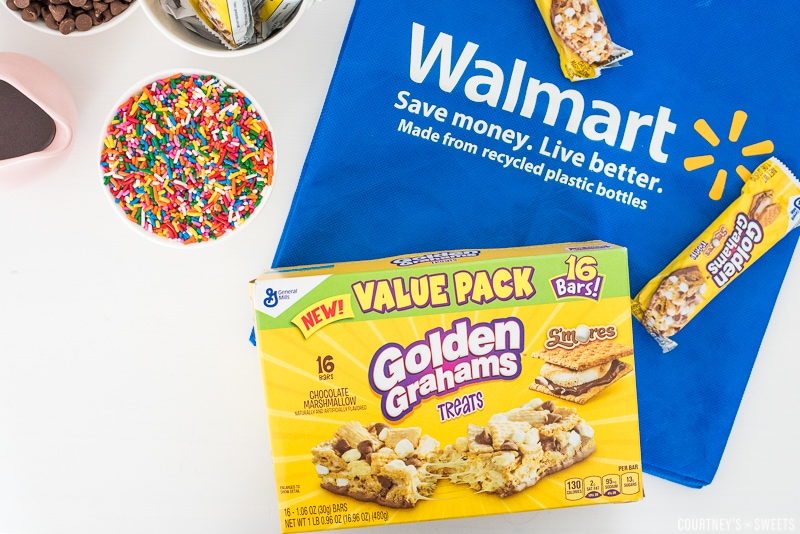 smores treat bars on a walmart bag sprinkles in a bowl