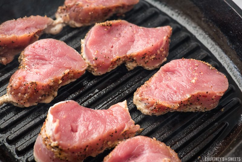 sliced pork loin on a grill pan