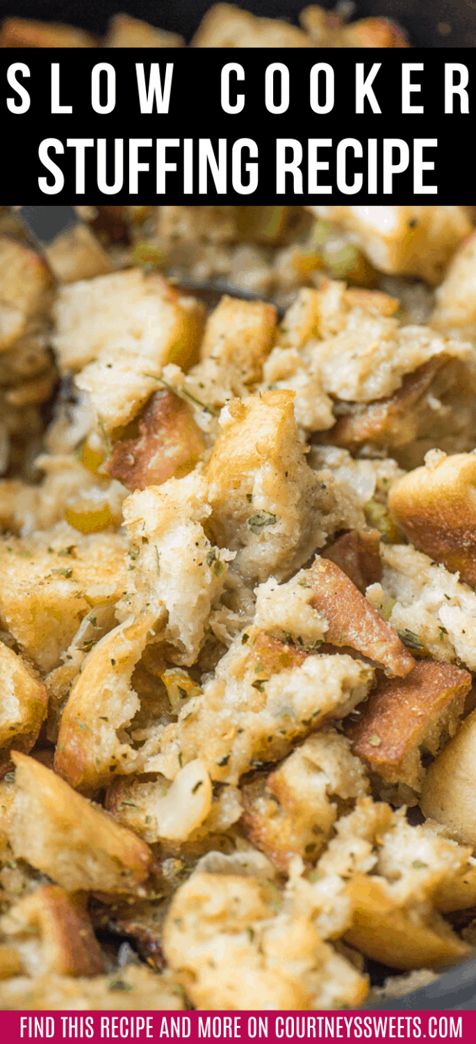 Slow Cooker Stuffing - traditional stuffing made in the crockpot, perfect for Thanksgiving or whenever you want this as a side dish!