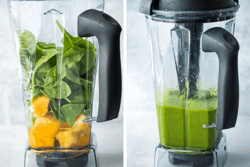 green smoothie ingredients in blender and blended in vitamix