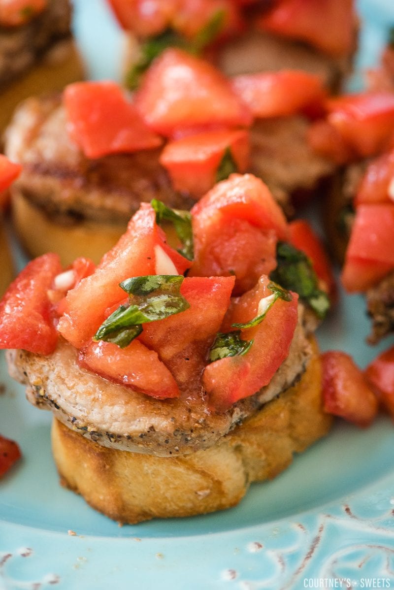 pork loin bruschetta toast appetizer on a plate