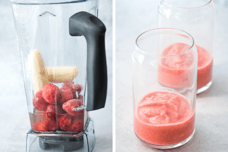 smoothie ingredients in blender and blending in glass cup