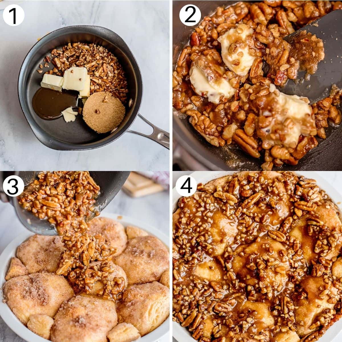 sticky buns step by step photos making the nut mixture in the pot to pouring the mixture over the buns