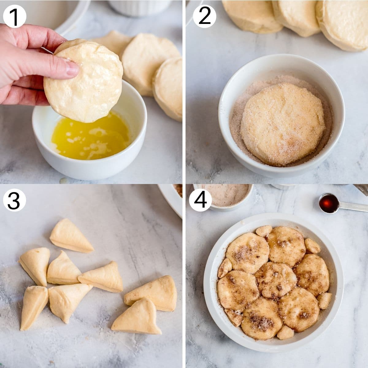 step by step photos making sticky buns dipping biscuit into butter covering in cinnamon sugar slicing into triangles and then stuffing into baking dish