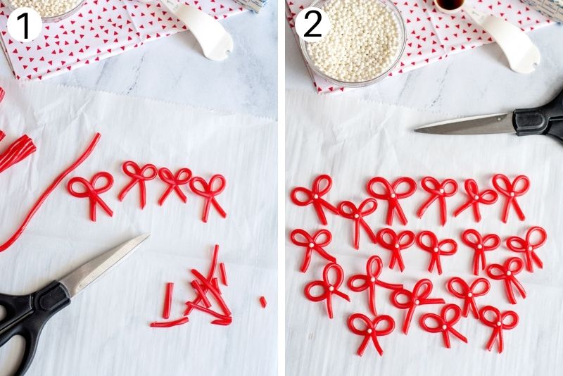 step by step photos showing how to make twizzler bows