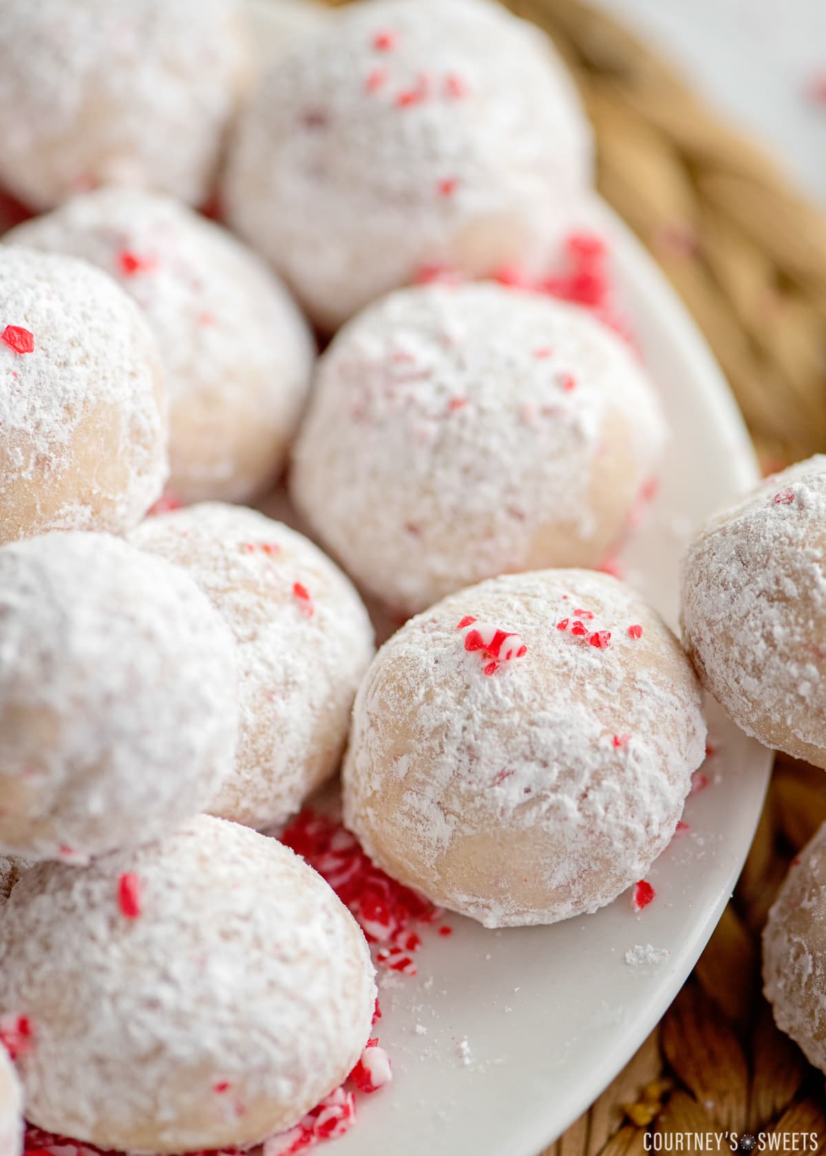 peppermint snow ball cookies on a tray