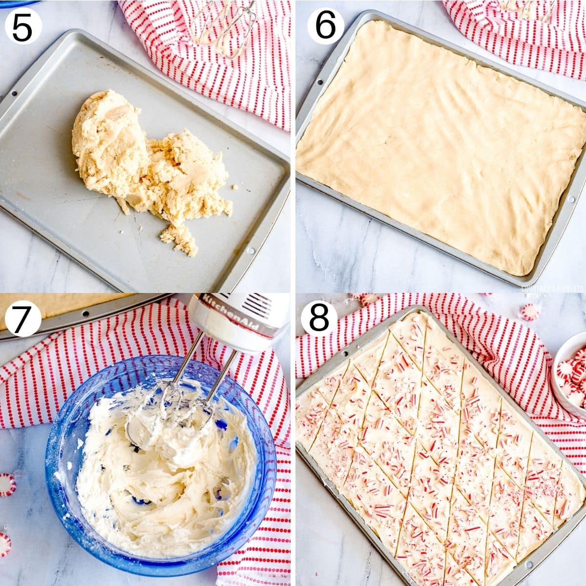 step by step photos making sugar cookie bars and then frosting them with frosting and crushed peppermint