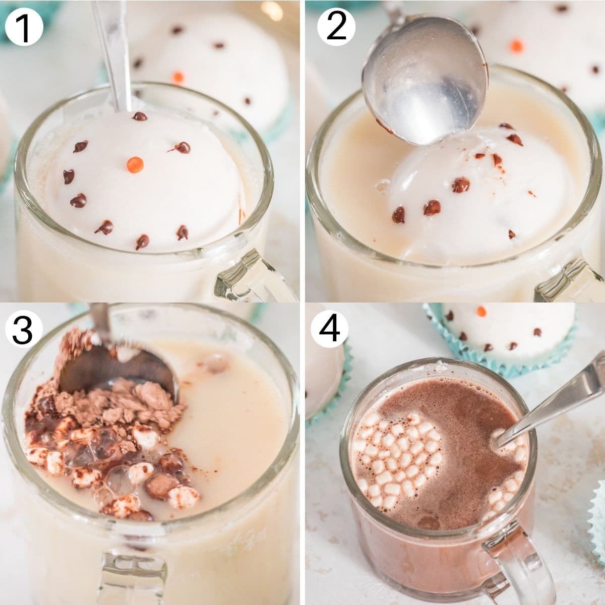 step by step photos showing how to use hot chocolate bombs placing in milk and stirring