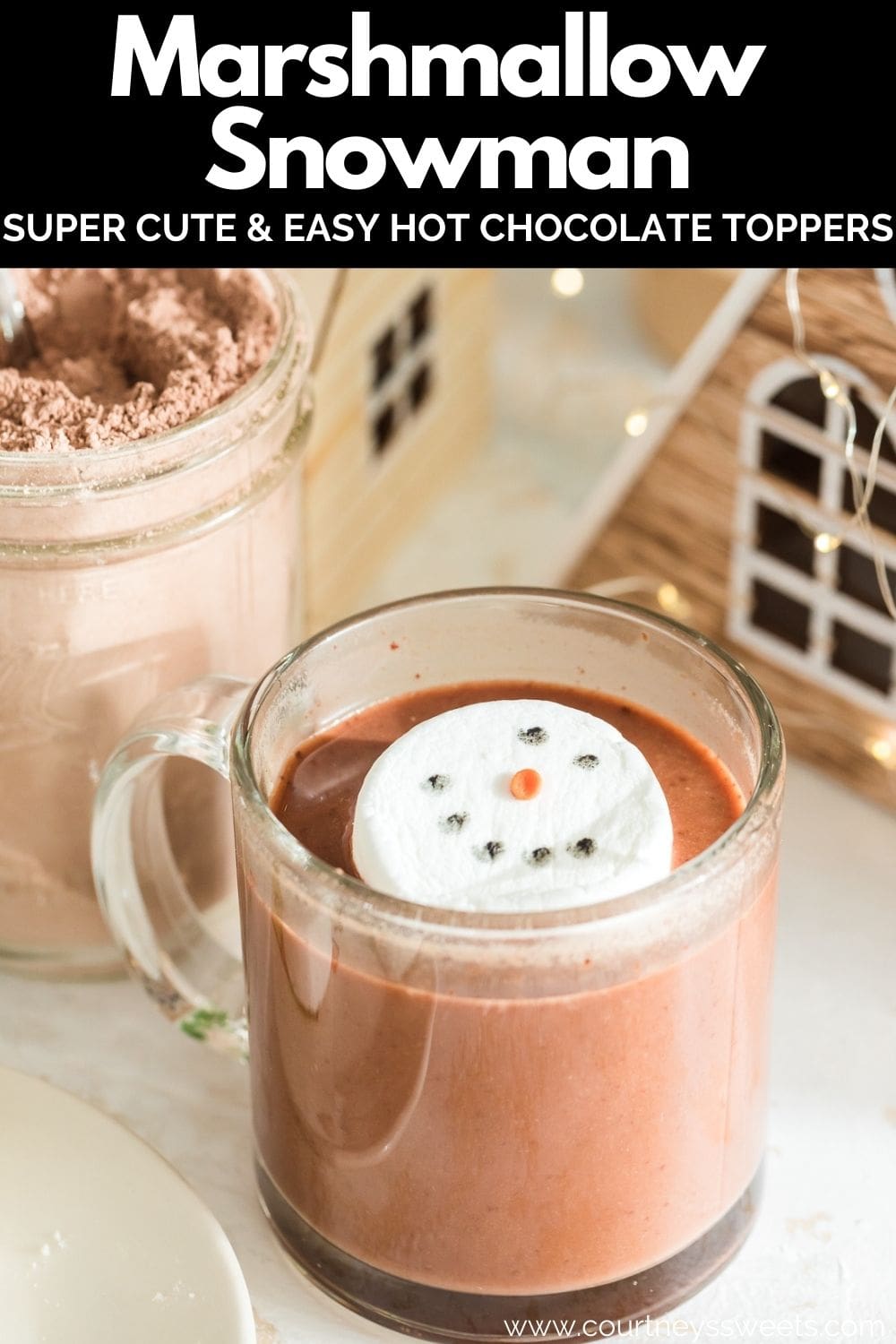 marshmallow snowman in hot chocolate pinterest image with text