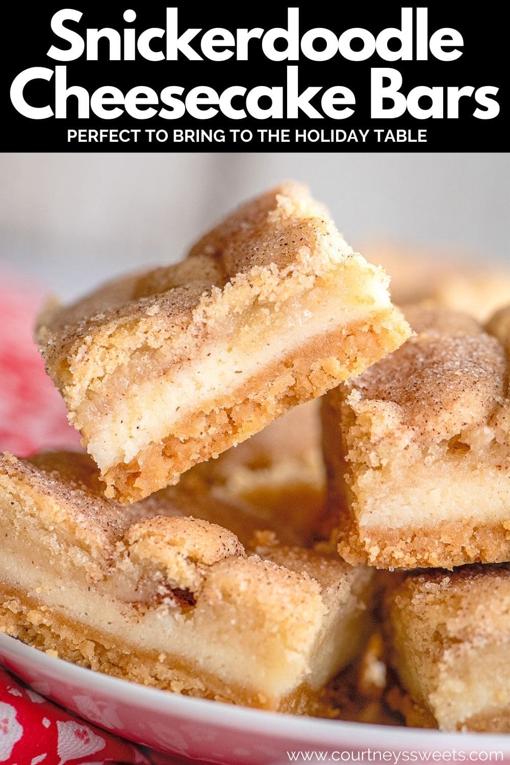 snickerdoodle cheesecake bars stacked pinterest image