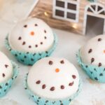 snowman hot chocolate with little christmas house behind itbombs in blue and black polka dot muffin liners