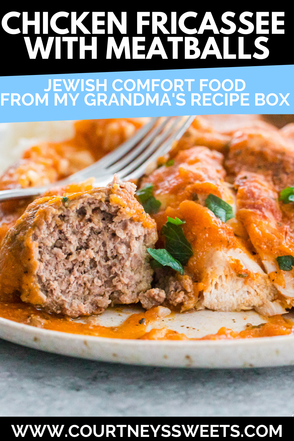 grandma's chicken friccassee with meatballs on a plate resting on a white napkin with black lines and text on image for pinterest pin.