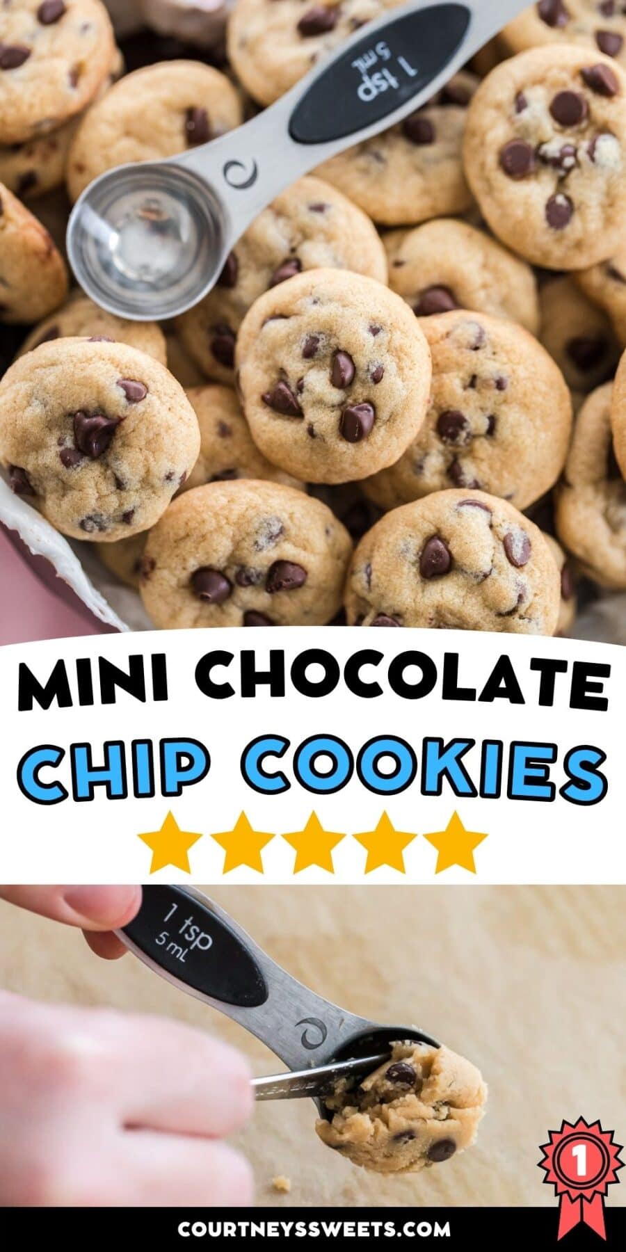 collage of mini chocolate chip cookie photos and text for pinterest