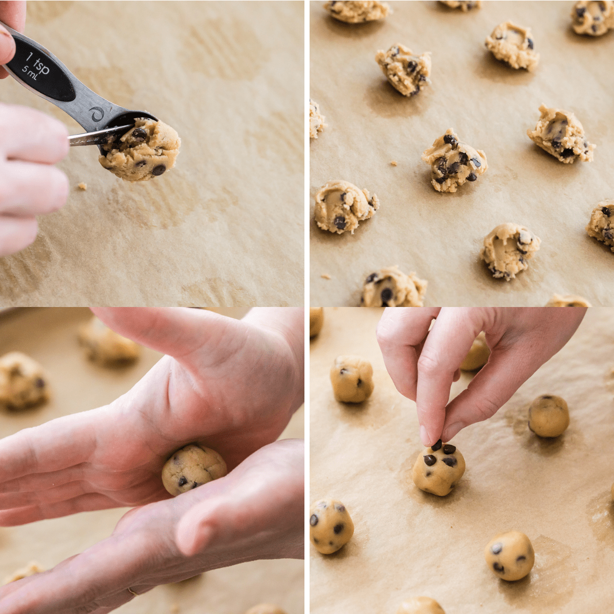 mini chocolate chip cookies step by step measuring and placing onto parchment lined baking sheet.