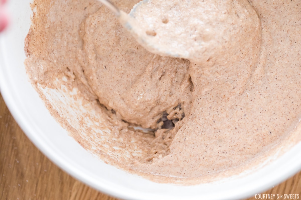 muffin batter in a white bowl with spoon scooping to show rise in batter.