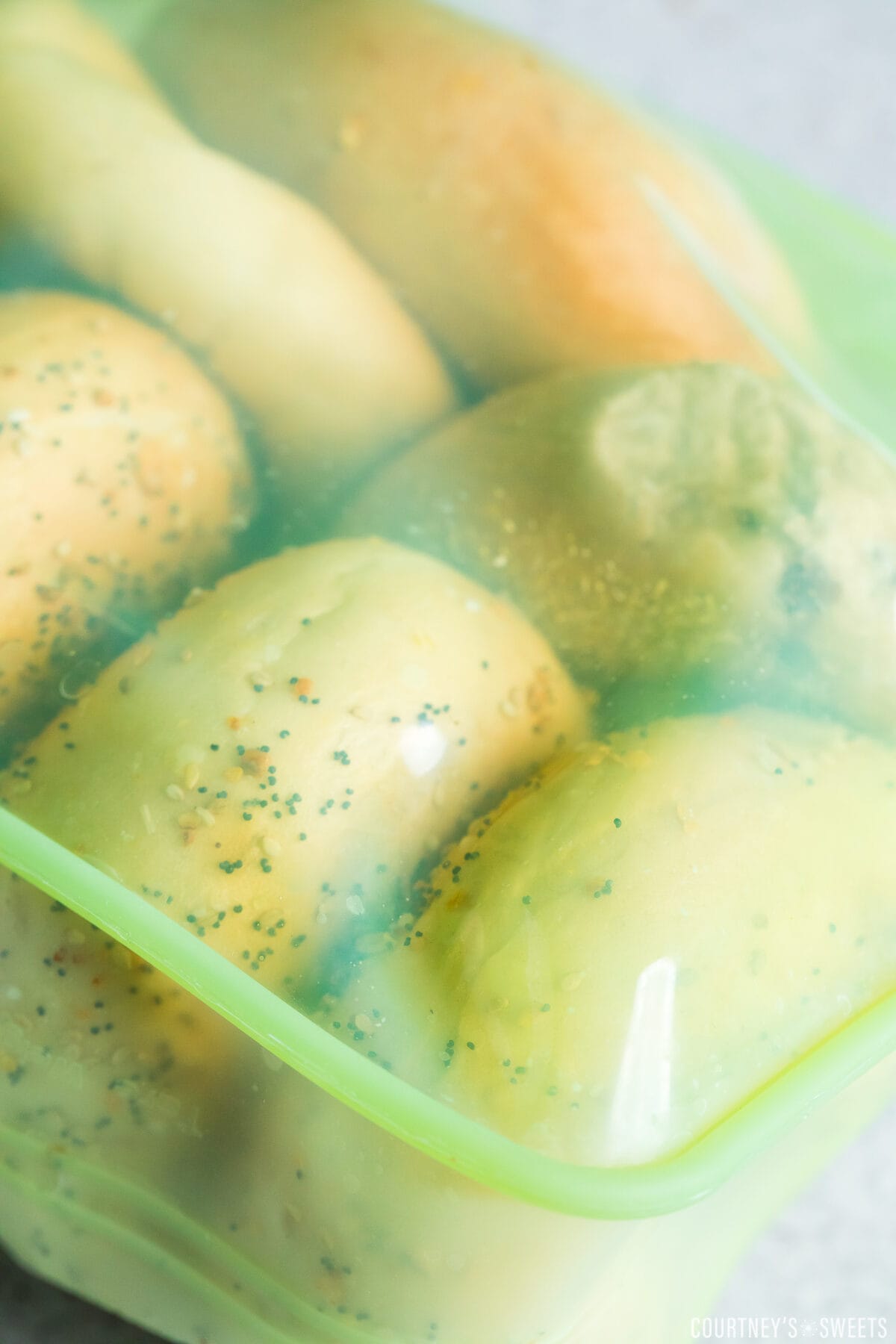 close up of bagels in a freezer safe bag.