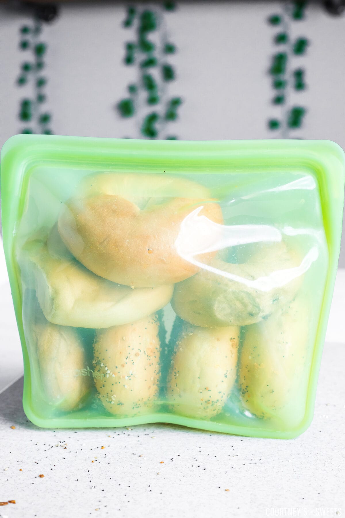 7 bagels in a stasher bag on a cutting board with greenery on wall in background.