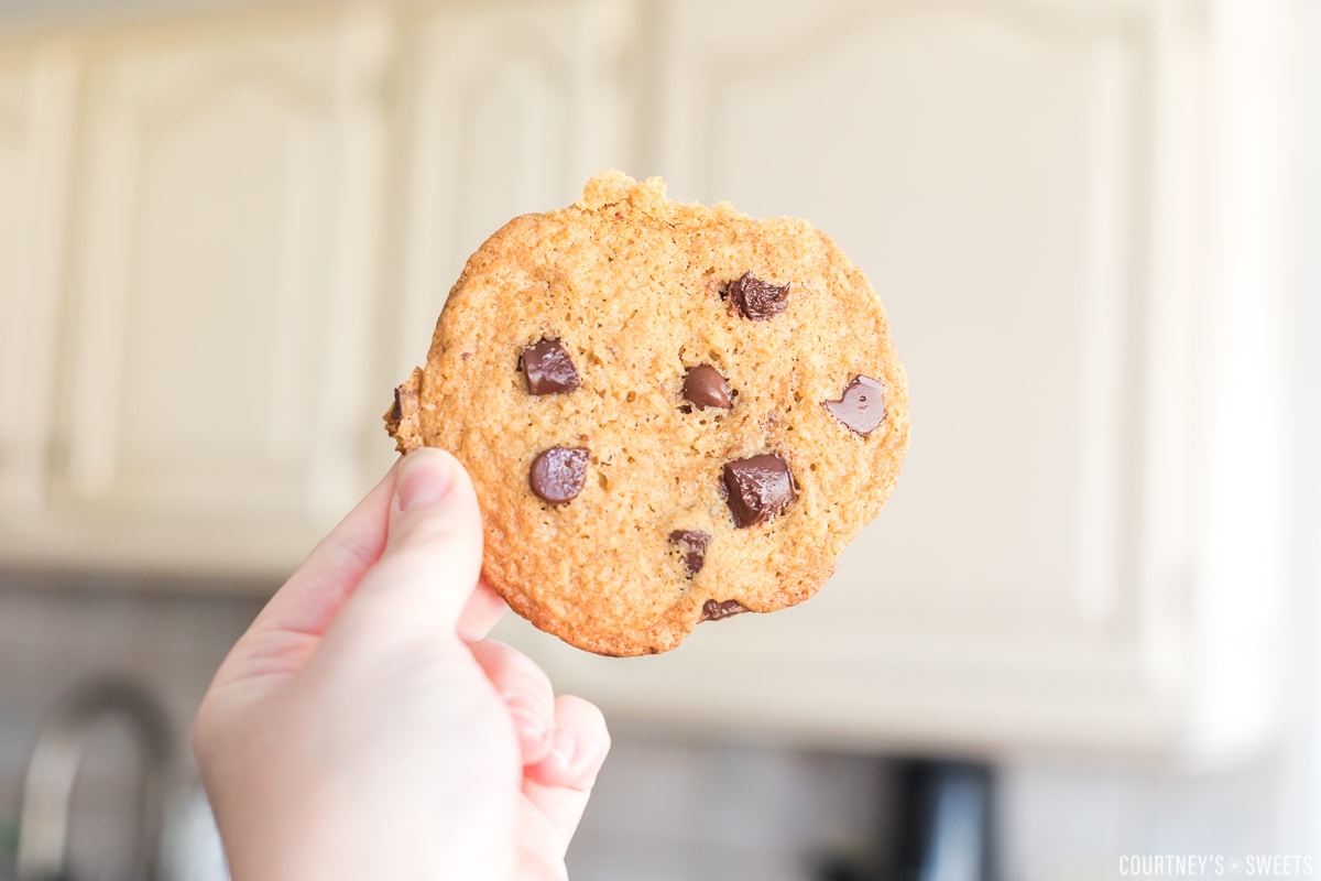 hand holding up a thin and crispy chocolate chip cookie