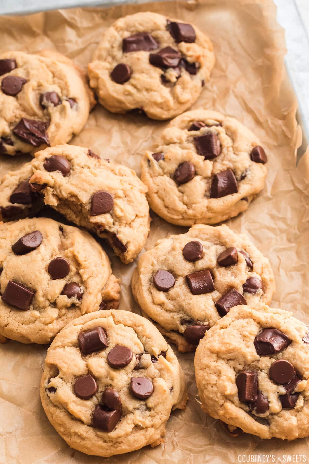 chocolate chip cookies on a parchment lined decorative cookie tray.
