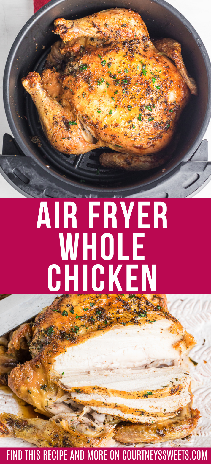 air fryer whole chicken in basket and text on image for pinterest
