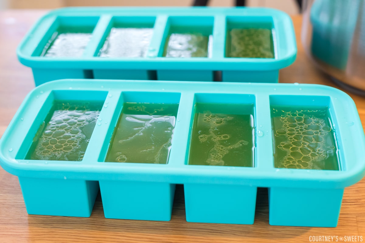 chicken broth in teal souper cubes.