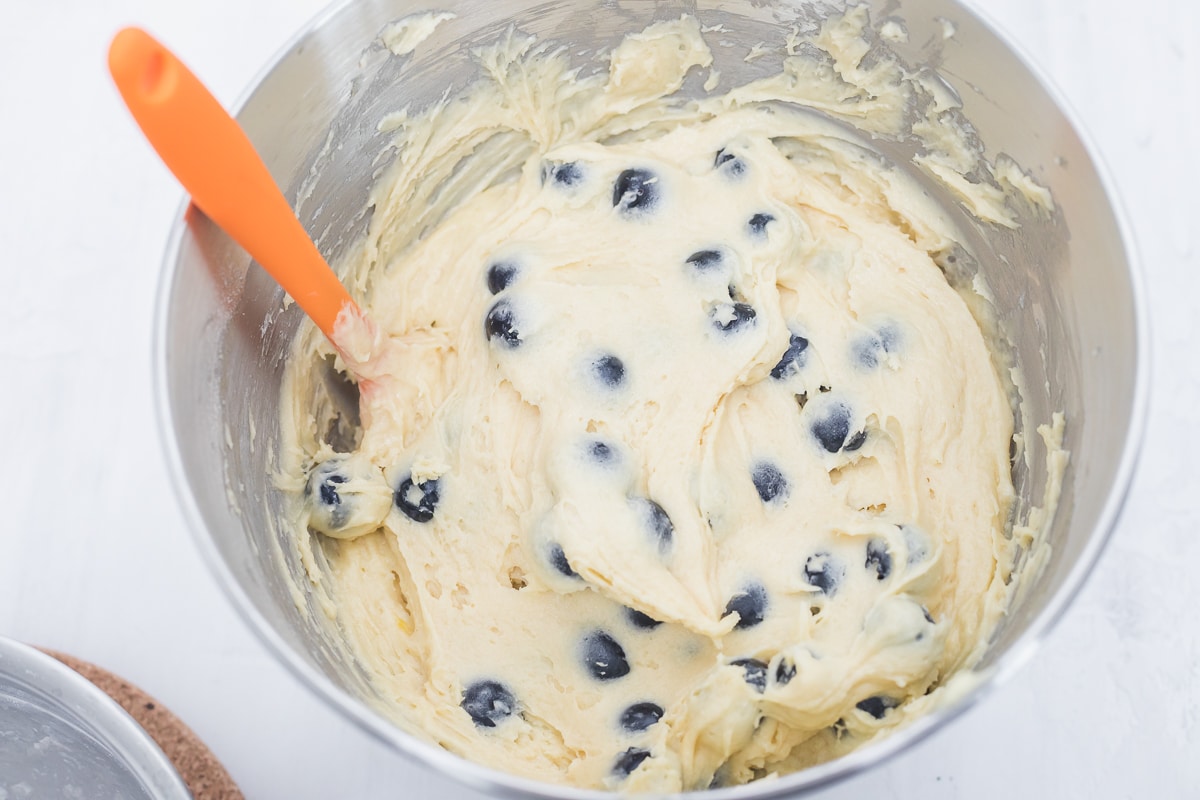 blueberry muffin batter in a bowl.