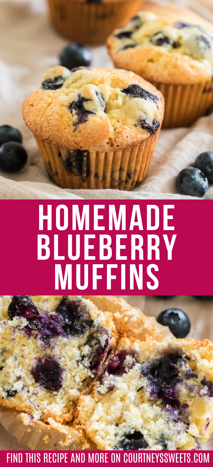 close up of blueberry muffins in a pinterest image with text