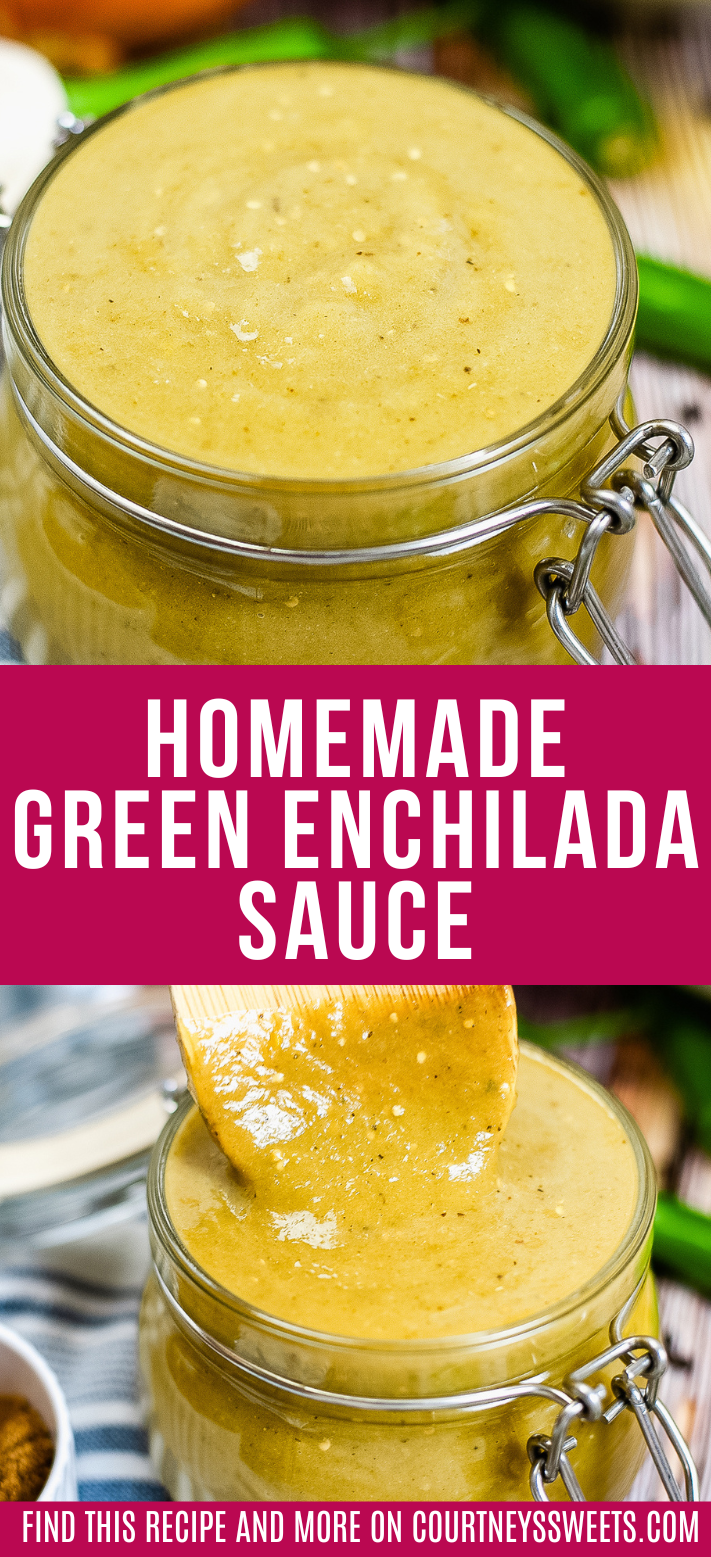 green enchilada sauce in a glass jar with text for pinterest.