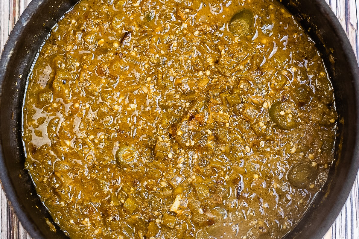 cooked ingredients for green enchilada sauce in a pan.