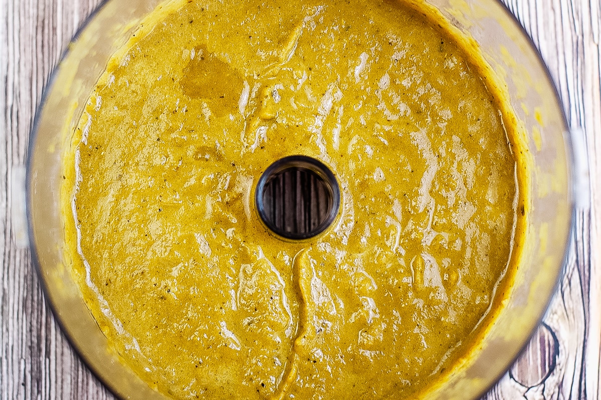 green enchilada sauce pureed in a food processor.
