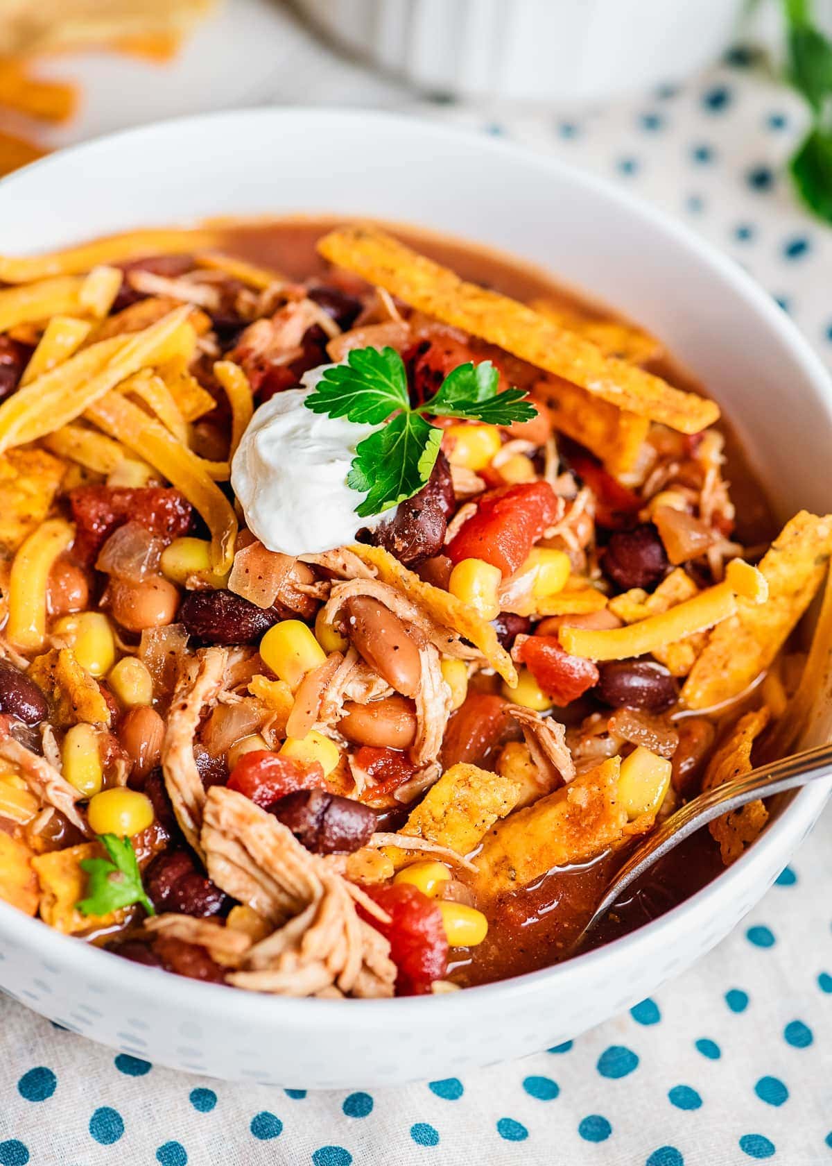 slow cooker chicken taco soup in a white bowl with crispy tortilla strips on top.