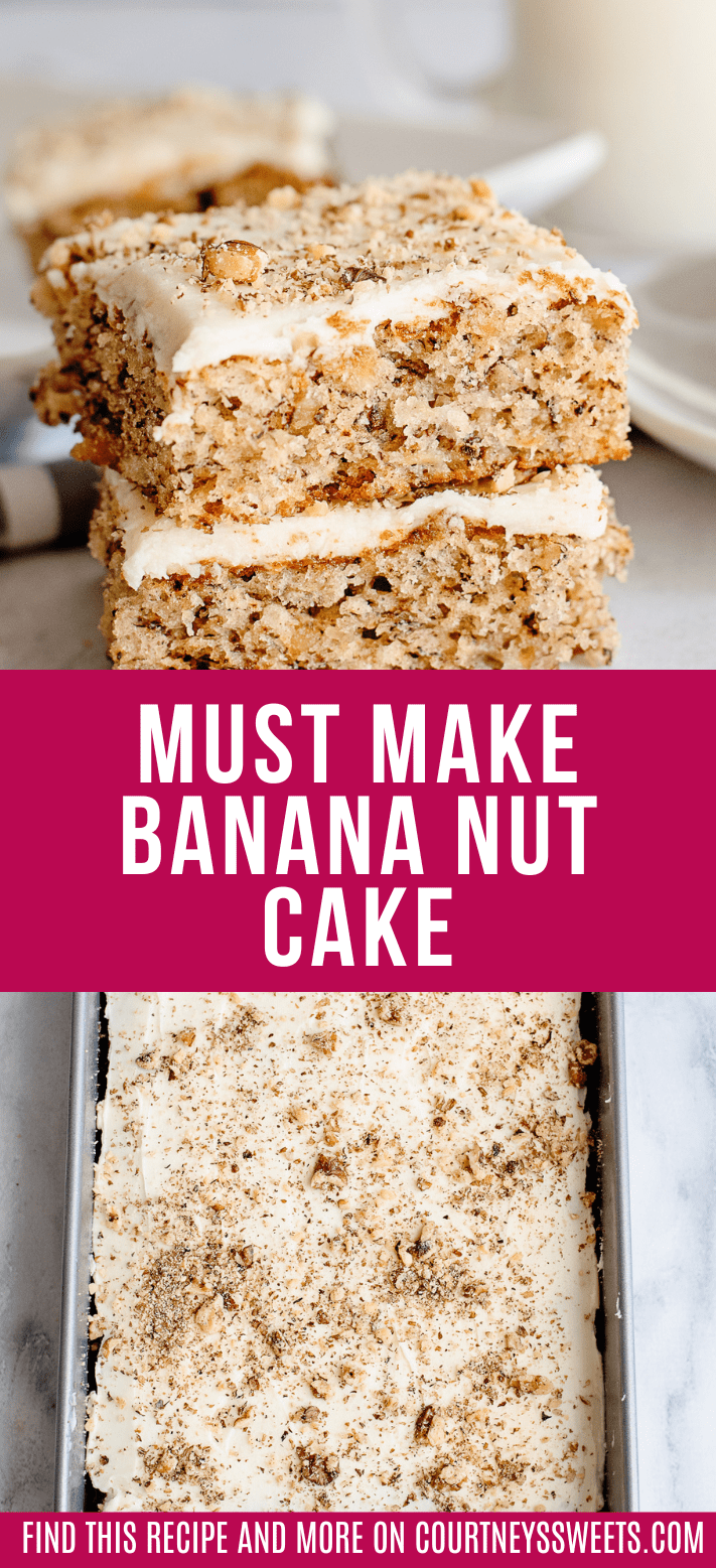 stacked slices of banana nut cake and a split photo of a sheet cake uncake.