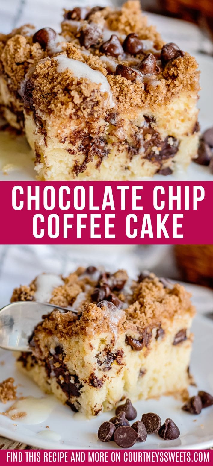 chocolate chip coffee cake slice on a white plate with text on image for pinterest.