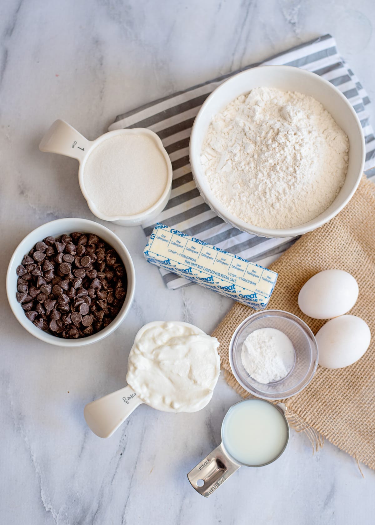 ingredients in bowls and measured for chocolate chip coffee cake.