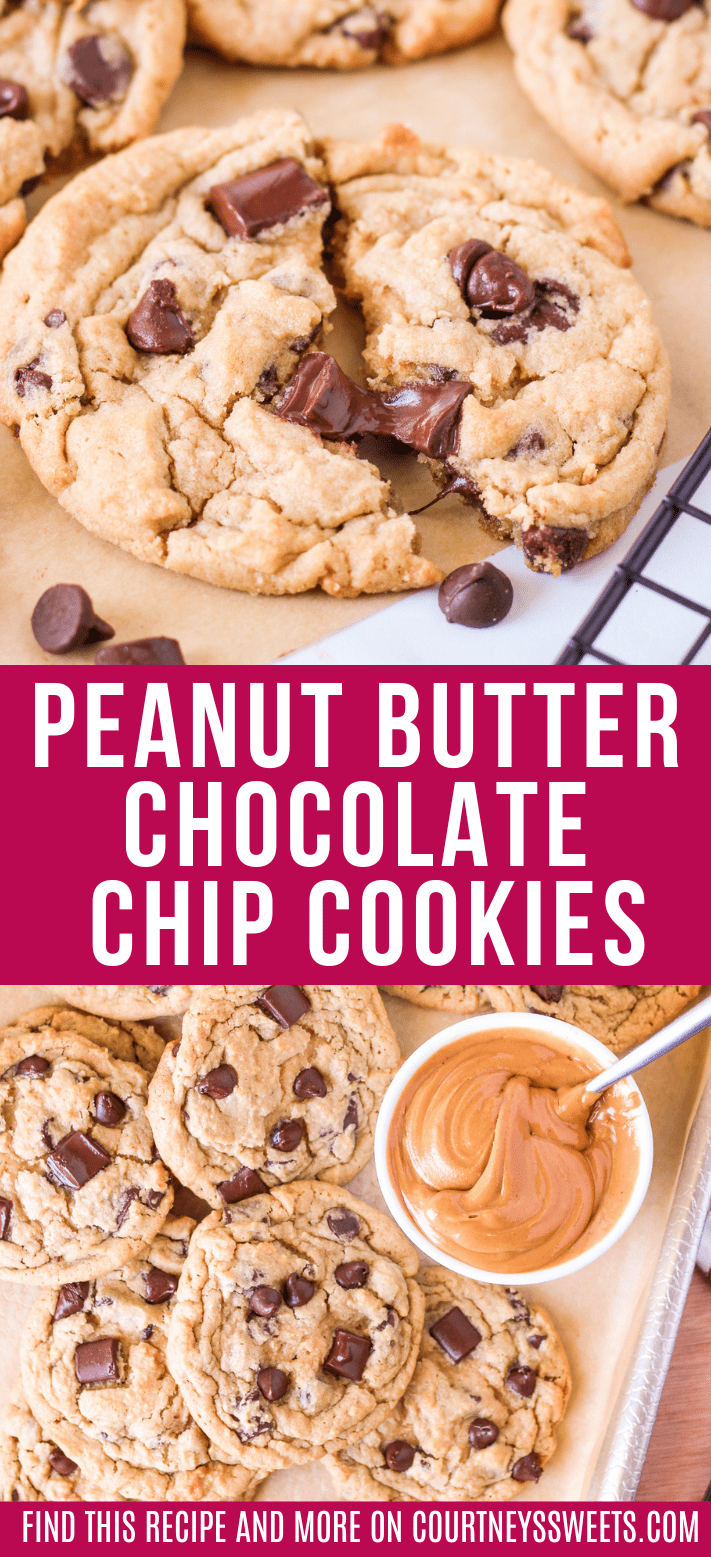 pinterest image freshly baked peanut butter chocolate chip cookies on a baking sheet with a bowl full of peanut butter next to it with a spoon inside.
