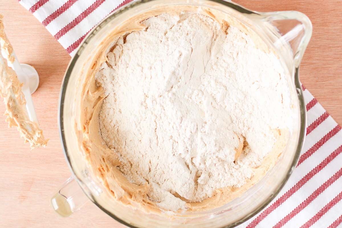 flour added to creamed butter and sugar for cookies in a stand mixer bowl.
